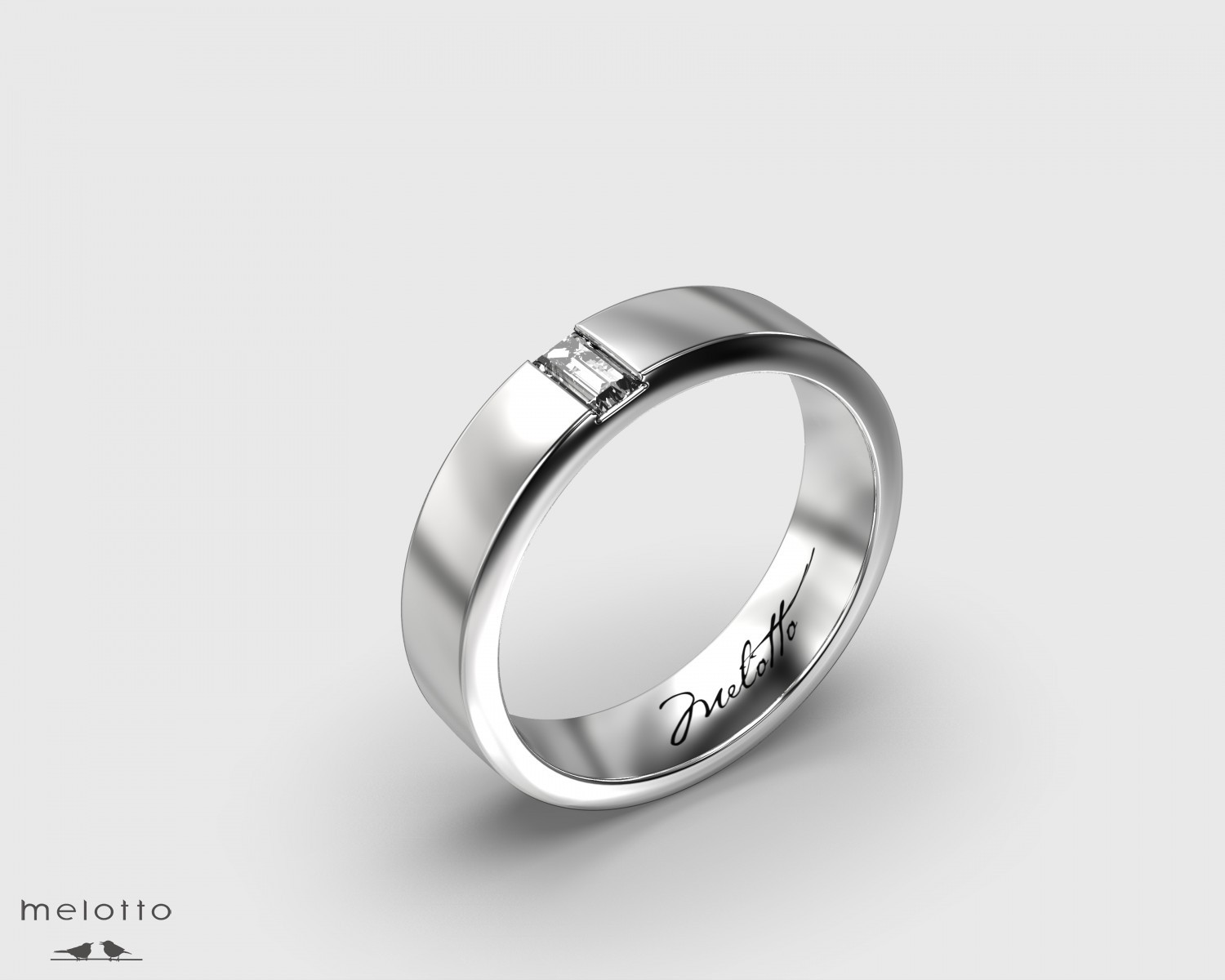 Вертикальное обручальное кольцо с одним бриллиантом багетной огранки